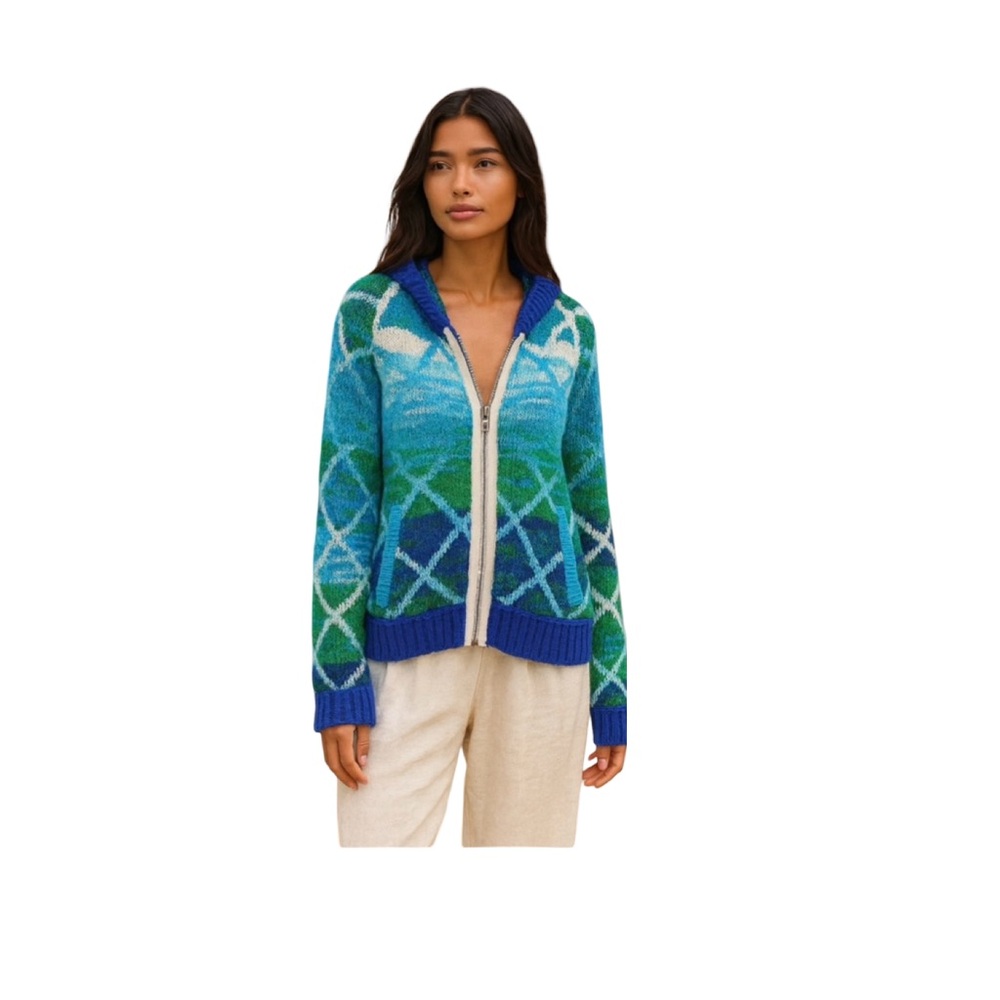 RARE💙Free People Bali Bound-Blue Ocean Chunky Knit Zip Up Hoodie. Medium- EUC